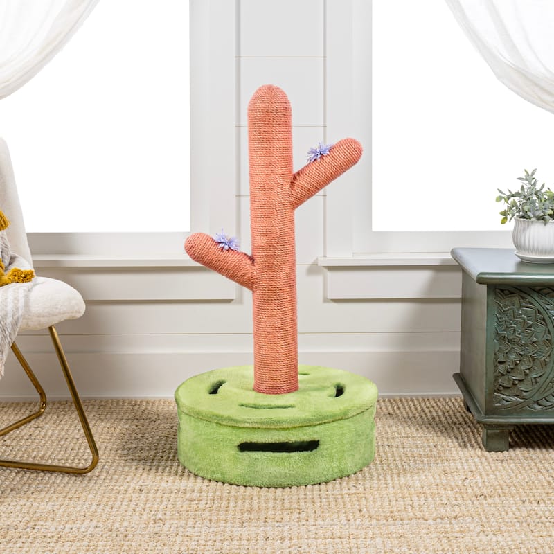 Rosa 36" Modern Jute Cactus Cat Scratching Post with Flower Toys and Built-In Bell Toys, Pink/Green