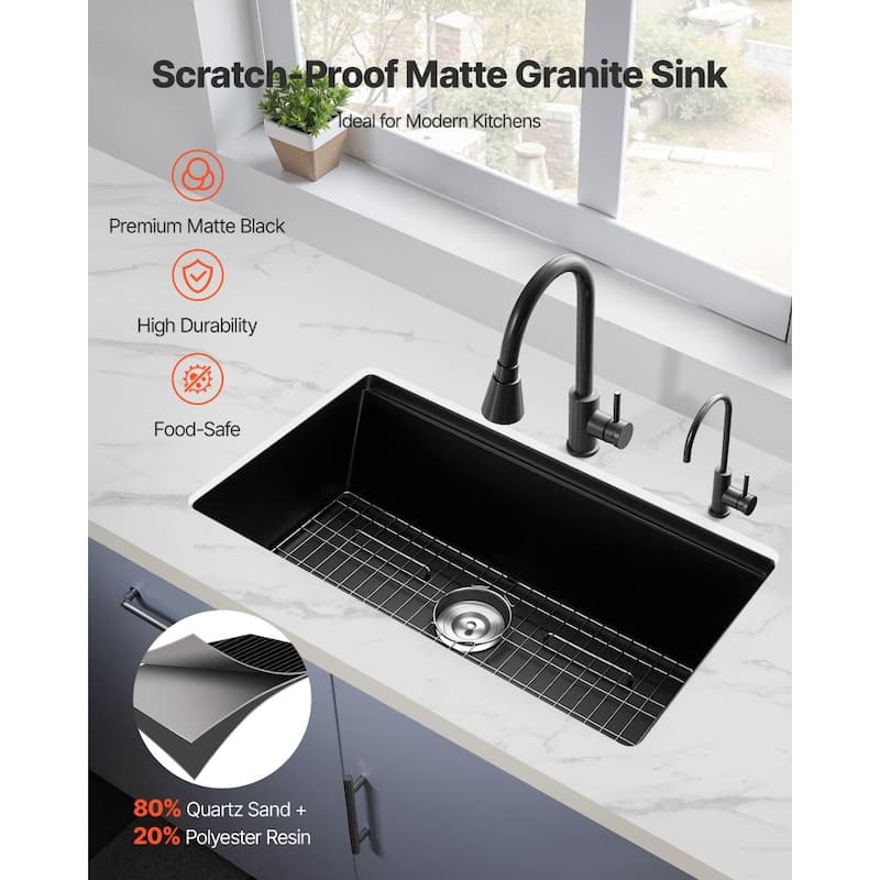Black Granite Undermount Kitchen Sink with Single Bowl and Cutting Board and Roll-Up Rack