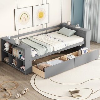 Daybed with Storage Shelves and 2 Drawers, Wood Sofa Bed Frame Storage Platform Bed for Kids Adults, No Box Spring Needed