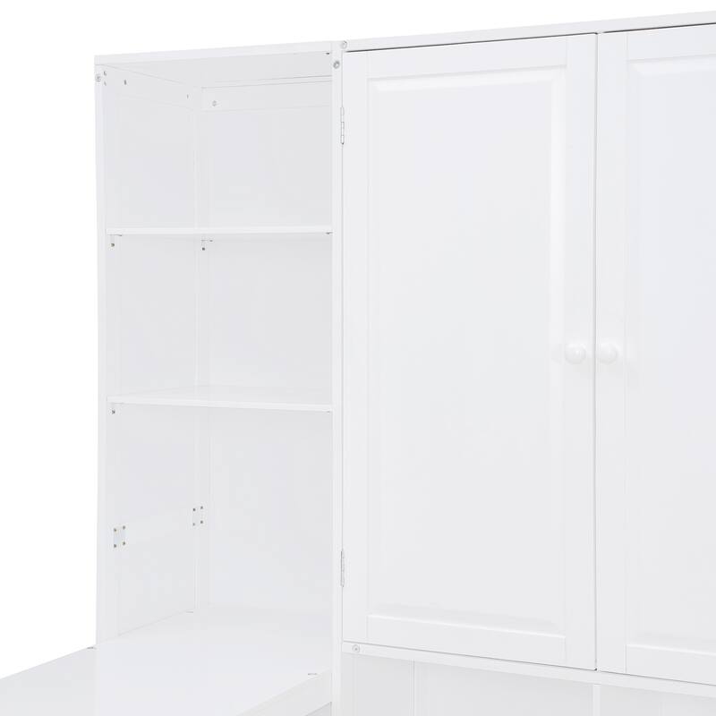 Wooden Daybed Frame All-in-One Bookcase Captains Bed with Storage Cabinet, Wardrobe, Side Writing Desk and 3 Bottom Drawers
