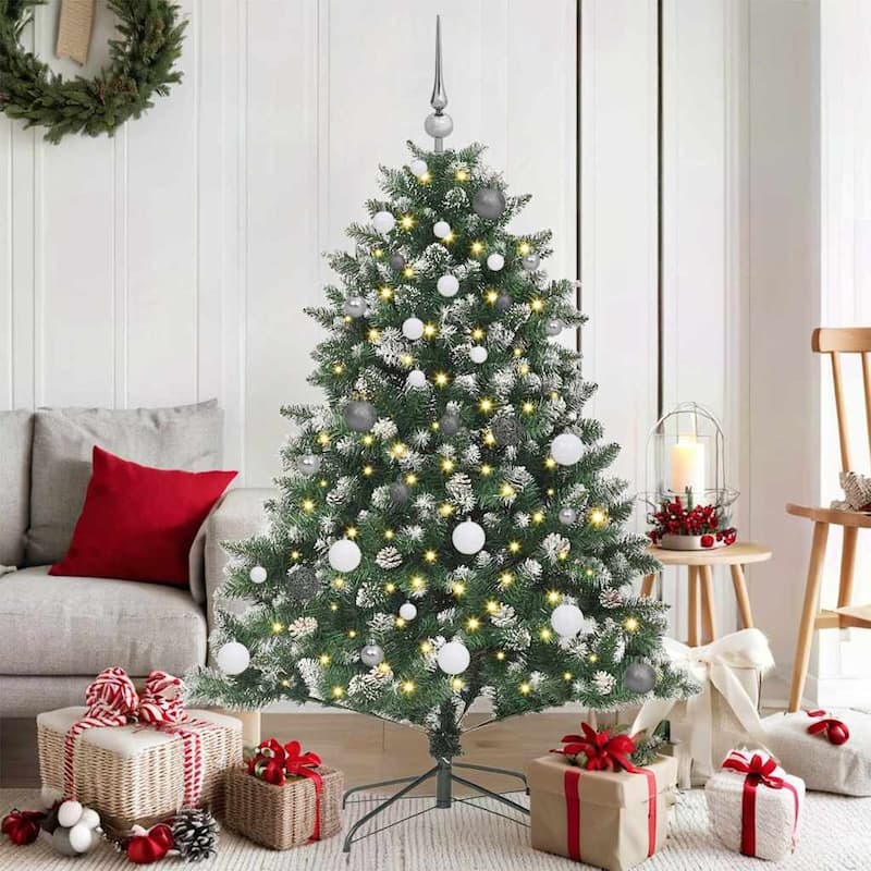 vidaXL Artificial Christmas Tree Green - Green with LEDs and white/grey balls - 5 Foot