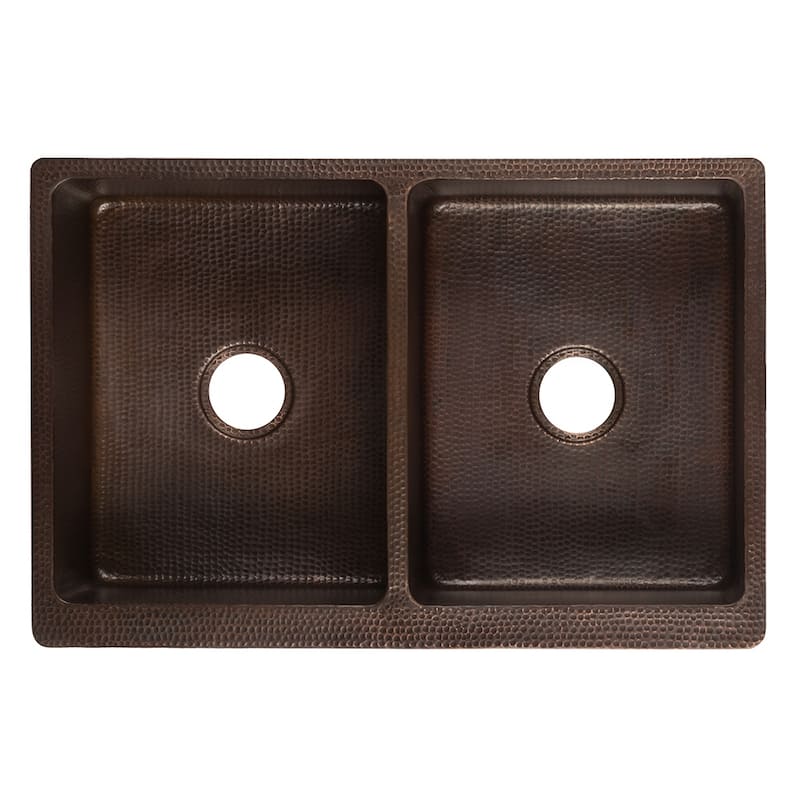 33-in Hammered Copper Apron Front 50/50 Double Basin Kitchen Sink w/ Scroll Design (KA50DB33229S)