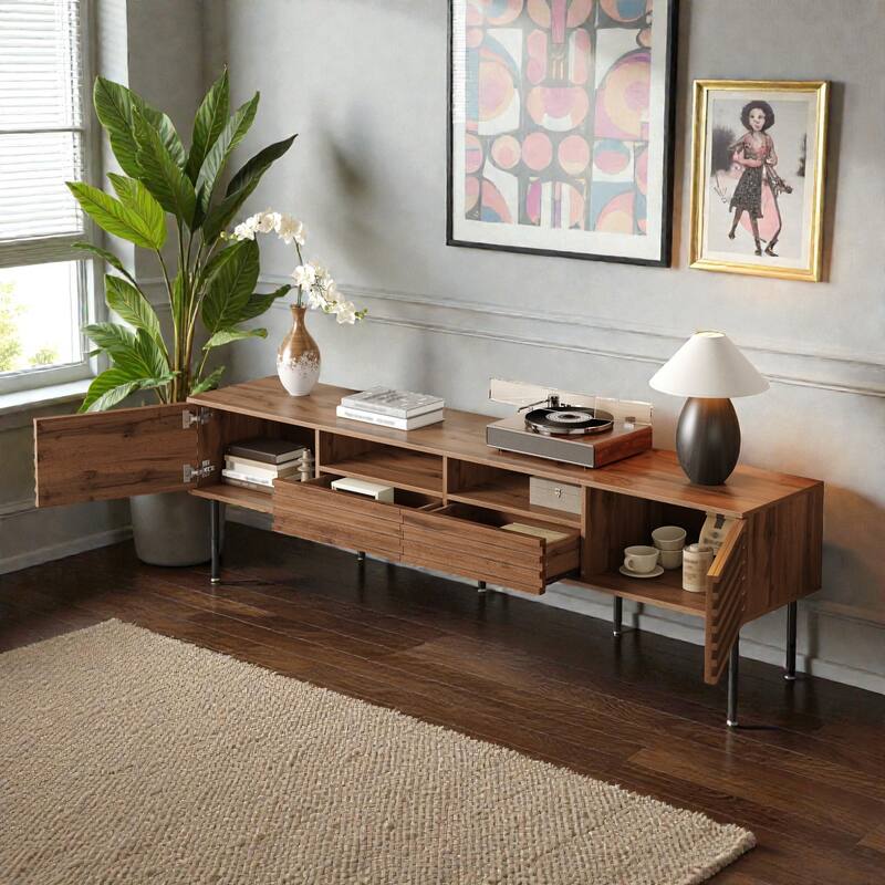 78.7" Modern Walnut TV Stand for TVs up to 85 Inch, Entertainment Center with Slatted Doors, Soft-Close Hinges