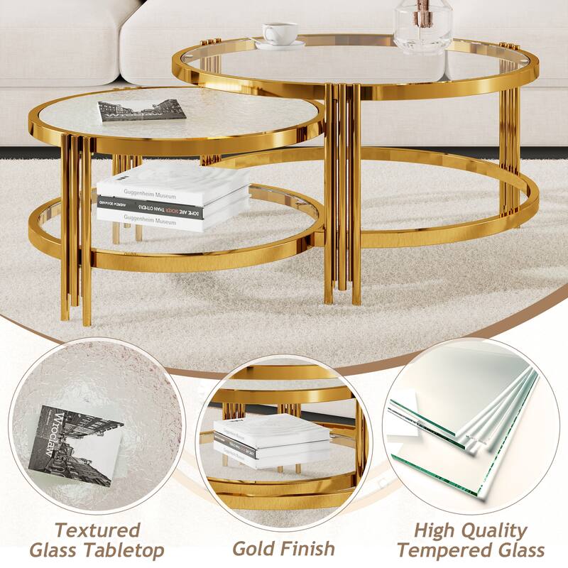 2-Piece Nesting Coffee Table Set, Round Glass Top Center Table with Lower Shelf, 2-Tier Metal Frame Storage Accent Tables