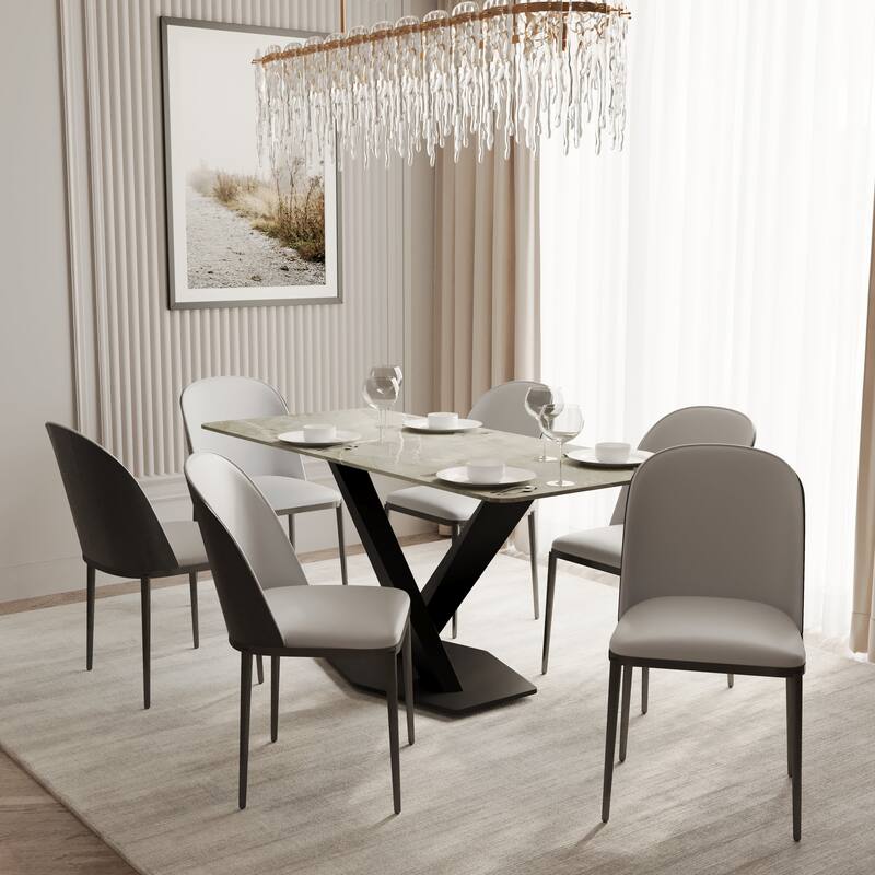 Voren 7-Piece Dining Set 55-Inch Rectangular Sintered Stone Dining Table and 6 Dining Side Chairs