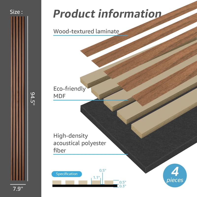 Art3d 7.9 x 94.5in Acoustic Wall Panels,Wood Slat Wall Panel for Wall and Ceiling,4pcs