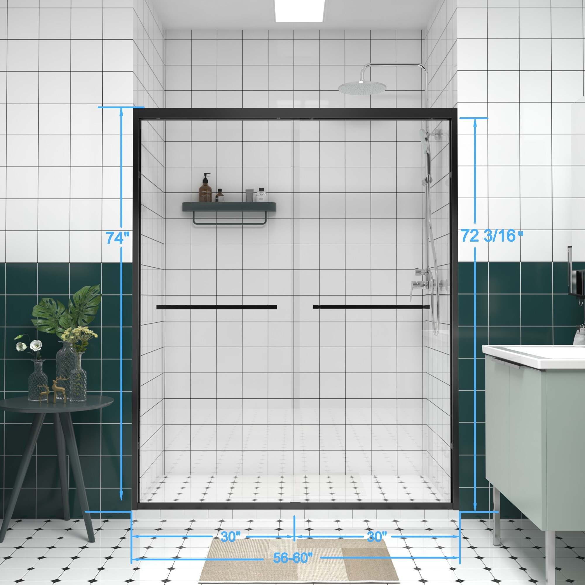 Aluminum Frame Double Sliding Shower Door with Clear Tempered Glass