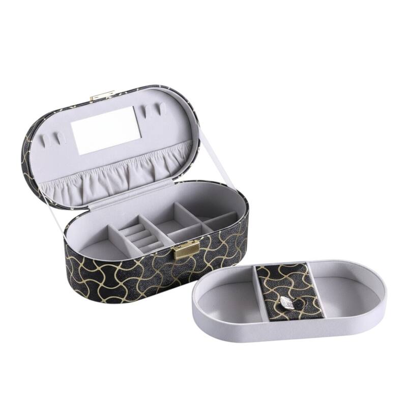 10" Black And Gold Faux Leather Abstract Scroll Jewelry Box Travel Case With Mirror