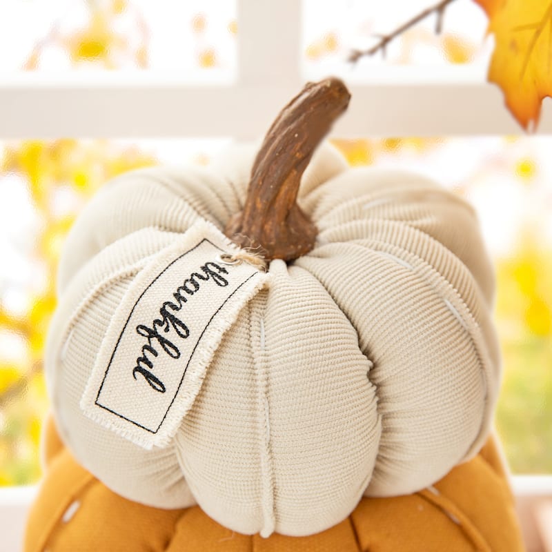 Glitzhome 13"H Fall Stacked Fabric Pumpkin Thanksgiving Table Centerpieces Decor