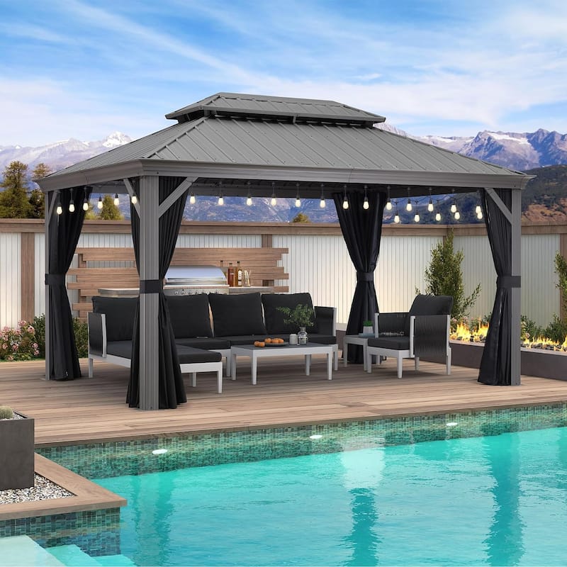 PURPLE LEAF Patio Gazebo for Backyard Hardtop Galvanized Steel Frame with Upgrade Curtain and Light - Light Grey - 10ft x 14ft