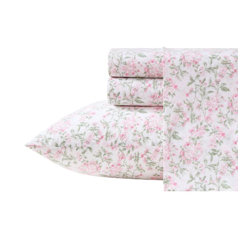 Laura Ashley Soft & Breathable Cotton Percale Deep-Pocket Sheet Set - Twin XL - Blossom Bliss Pink