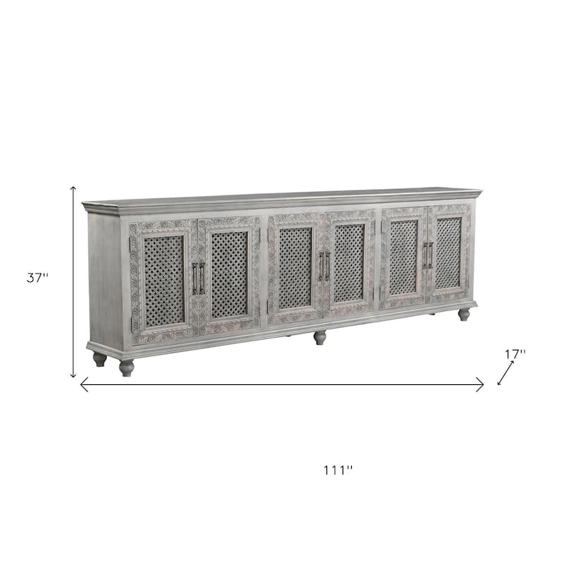 HomeRoots 111" Gray Distressed Solid Wood Carved Floral Sideboard with Six Doors - 111.00 in. x 37.00 in. x 17.00 in.