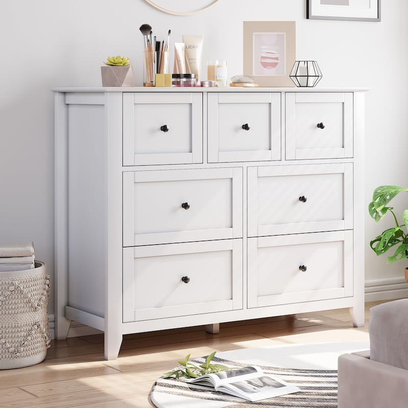 7 Drawer Dresser for Bedroom, Modern Chest of Drawer Dresser - White
