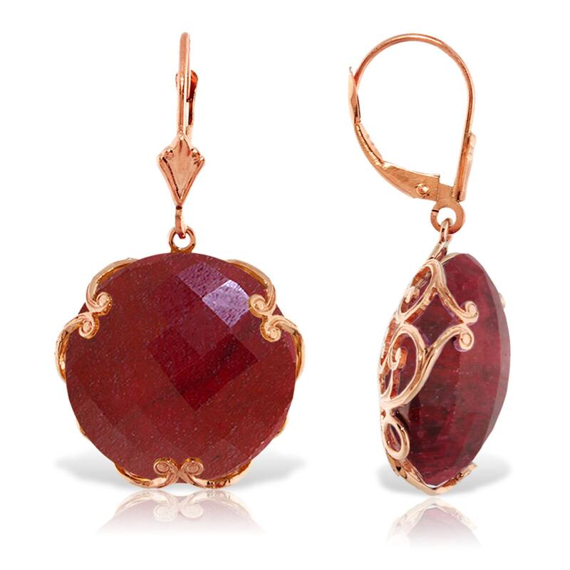 14K Solid Gold Gemstone Earrings w/ Checkerboard Cut Round Dyed Rubies - Rose