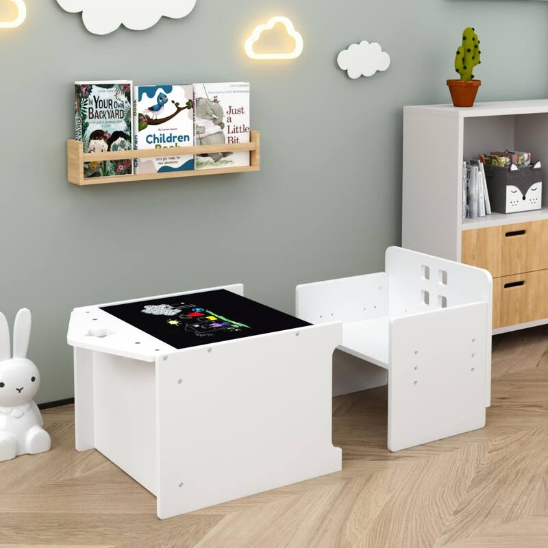 Kids Montessori Weaning Table and Chair Set, Kids Activity Table Step Stools with Blackboard & 3 Heights Adjustable