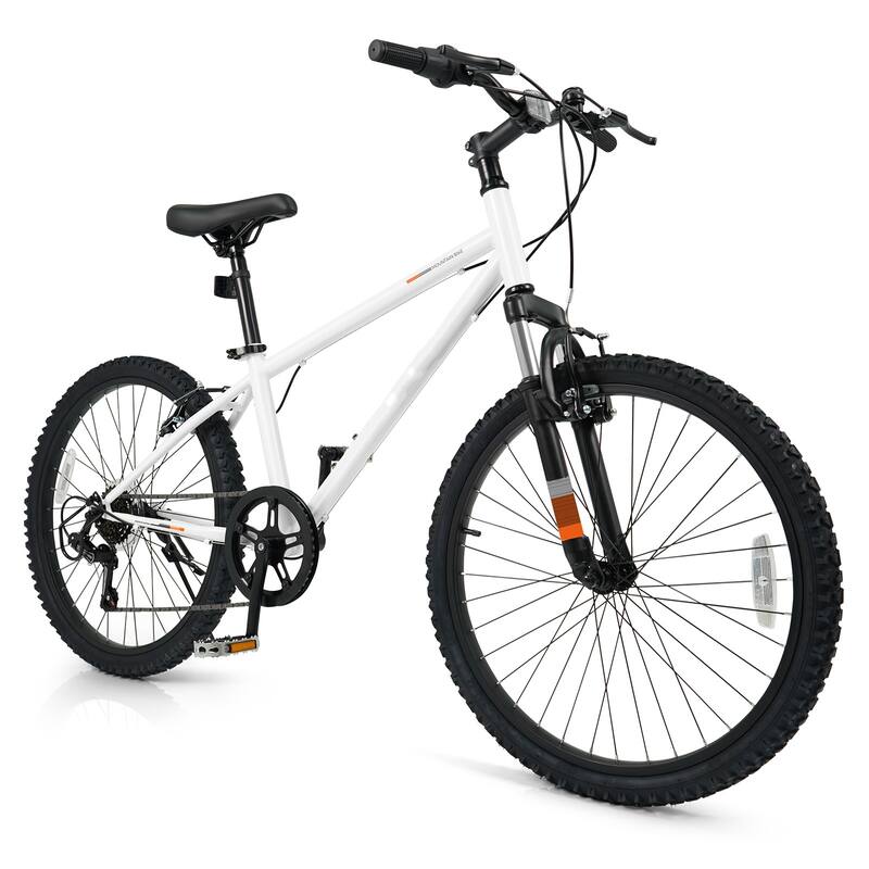 Metal Plastic Kids Mountain Bike with 6-Speed Shimano and Front Suspension - 24 Inch - White
