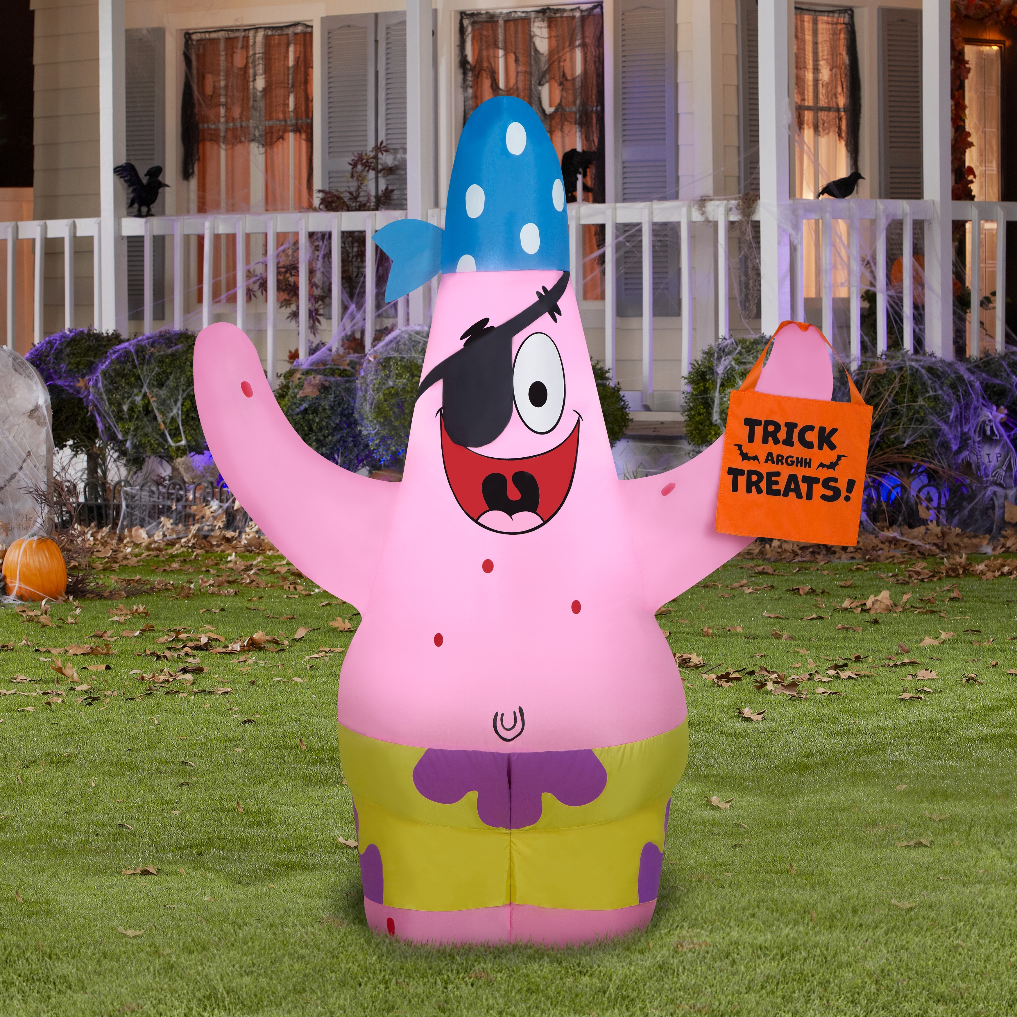 Gemmy Airblown Patrick in Pirate Costume holding Trick Sack Nick, 3.5 ft Tall, Multi