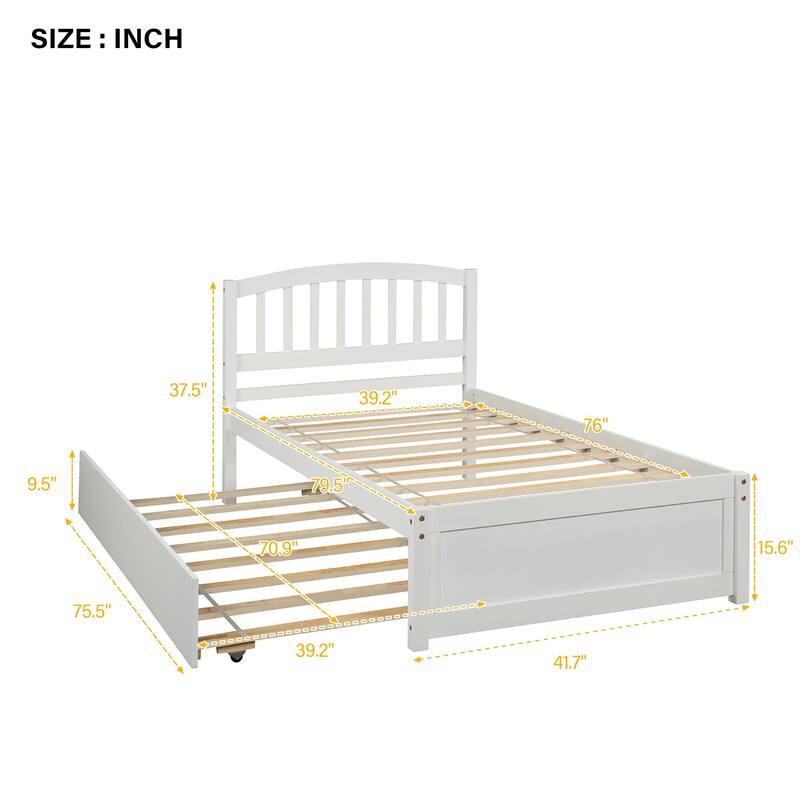 Modern Twin Size Platform Bed with Pull-out Trundle, Wood Bed Frame with Fence-shaped Headboard and Supporting Slats