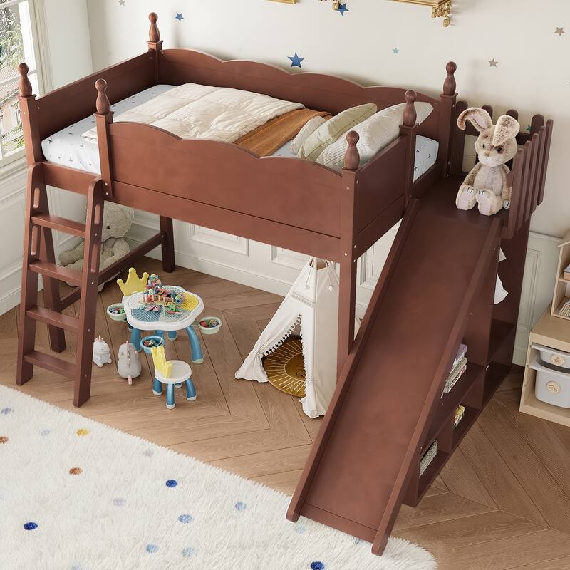 Twin Loft Bed with Storage Shelves and Wardrobe, Solid Wood Loft Beds with Detachable Slide and Ladders, No Spring Box Needed