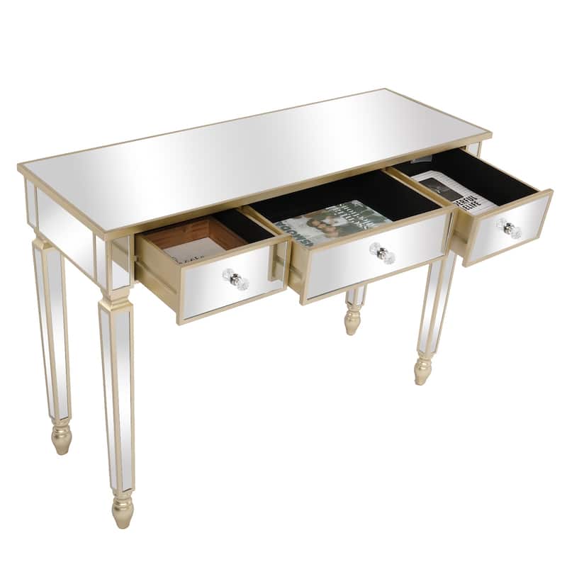 Gold Dressing Table with Glass Top and 3 Drawers Storage and Anti-Scratch Desk for Bedroom