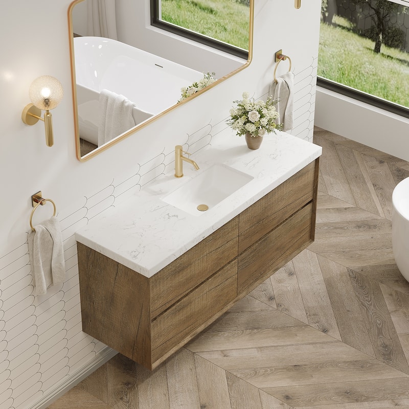 24"30"36"48"60"72" Floating Bathroom Vanity Engineered Stone Top with Rectangular Ceramic Undermount Sink