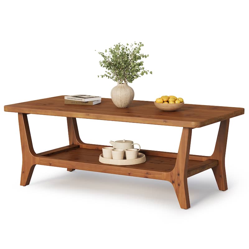 47'' Solid Wood Coffee Table with Open Storage Shelf, Mid-Century Rectangle Center Table