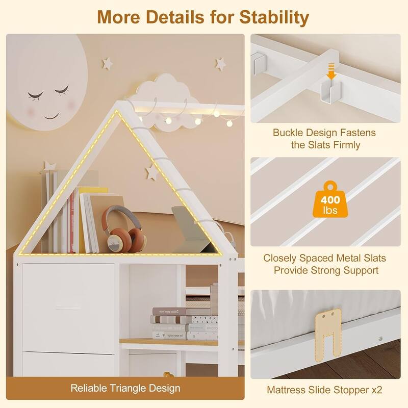 House Low Loft Bed Twin Size Storage Drawers Bookcase LED Lights