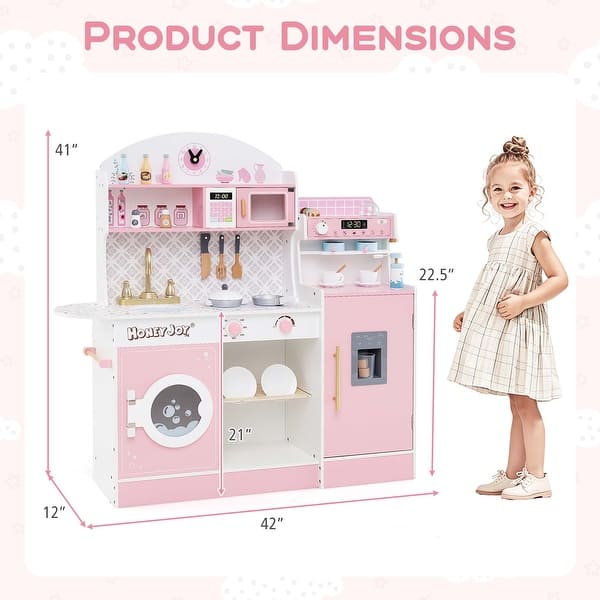 dimension image slide 0 of 3, Costway Kids Kitchen Set Wooden Kitchen Playset with Clock, Microwave, - See Details