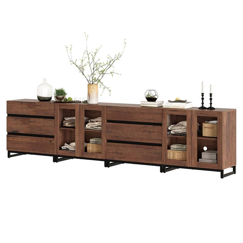 Modern Sideboard with Adjustable Shelves and 6 Drawers, 4 in 1 Storage Cabinet with Glass Doors, Coffee Bar Cabinet for Kitchen