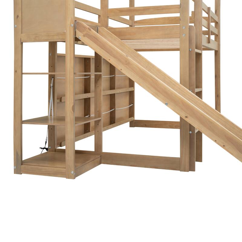 Twin House Loft Bed with Slide, Shelves, and Light for Kids