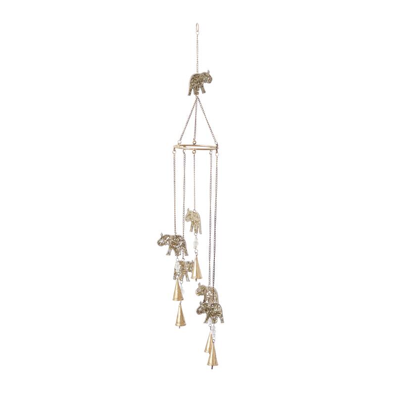 Metal Elephant Handmade Embellished Indoor Outdoor Windchime with Glass Beads and Cone Bells - Gold - Roche River Decor