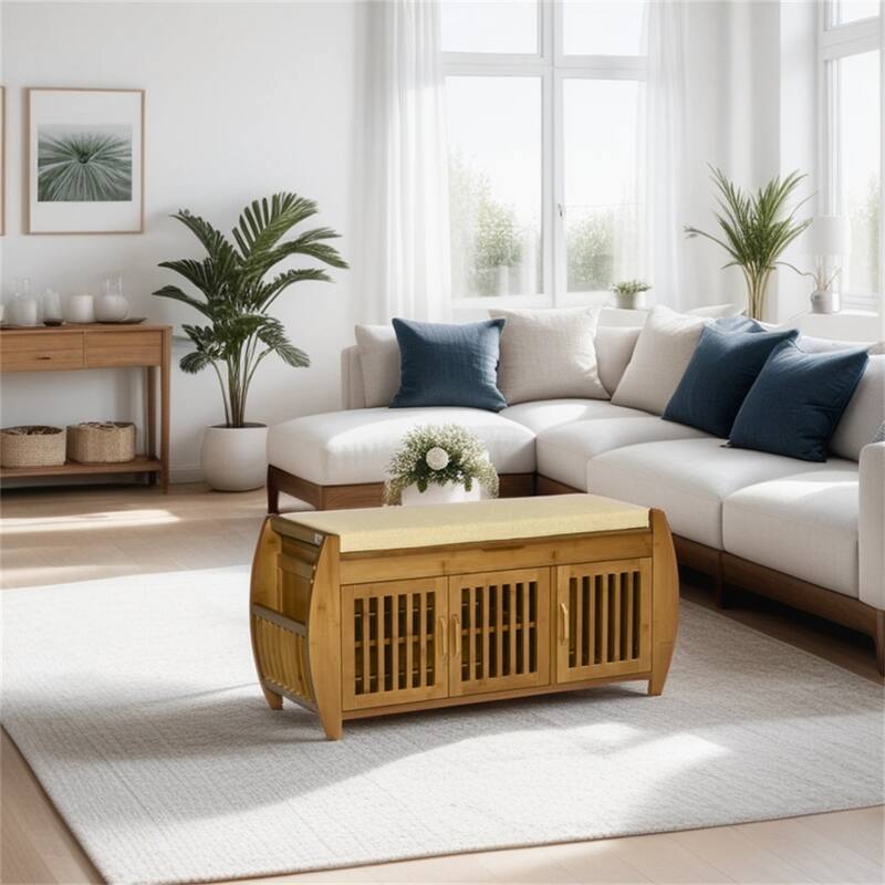 Bamboo Shoe Bench with Seating Cushion and Hidden Compartment - Brown