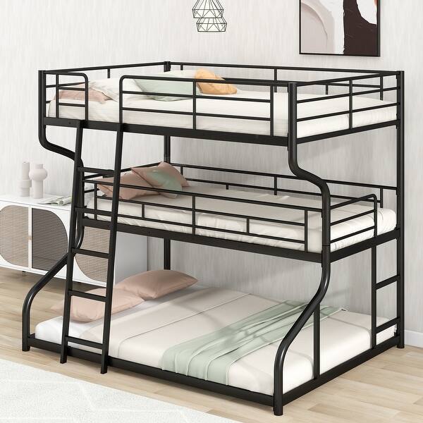 slide 2 of 13, Full XL over Twin XL over Queen Size Triple Bunk Bed with Long & Short Ladders, Industrial Style, Curved Metal Frame Black - Twin