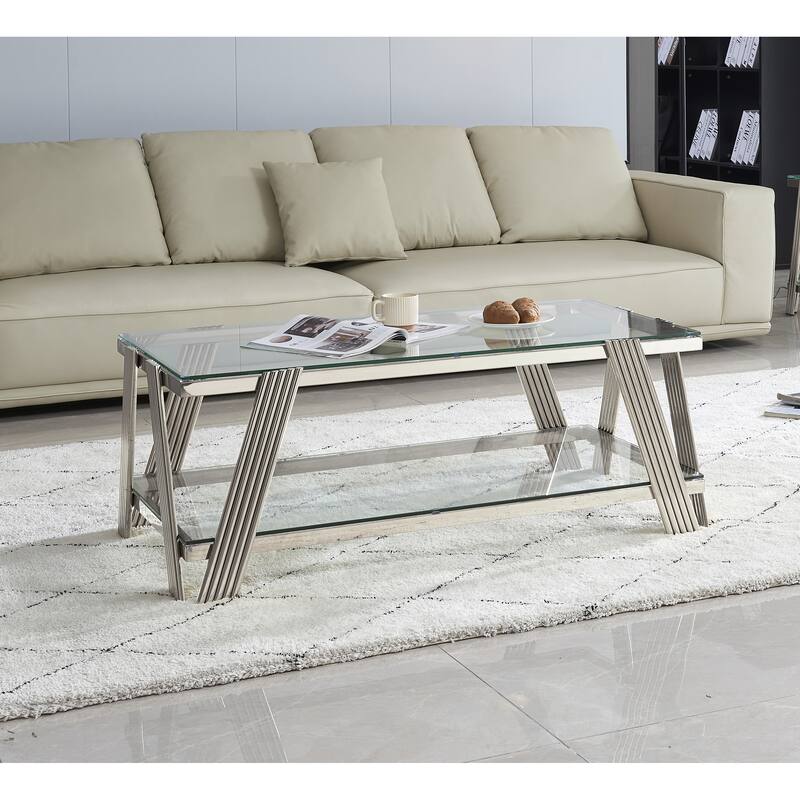 Modern Stainless Steel Coffee Table 2 Tier Tempered Glass Coffee Table with Storage Space, for Living Room, Silver