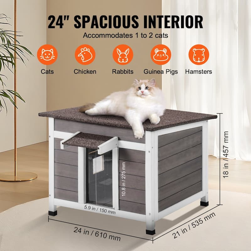 Grey Wooden Outdoor Cat Shelter with Roof Door Flaps and Window Suitable for Any Small Pets - 24" x 21" x 18"