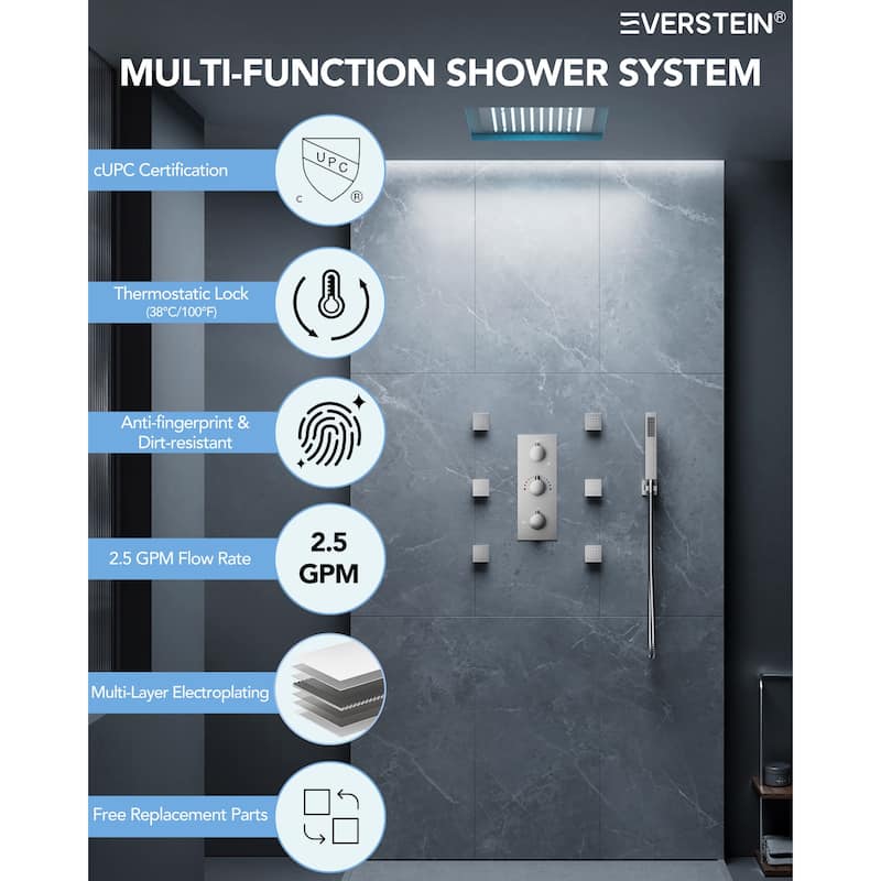 Thermostatic Rainfall Shower System,12 Inch 64-Color LED Mood Lighting Shower Faucet Set with 6 Body Jets