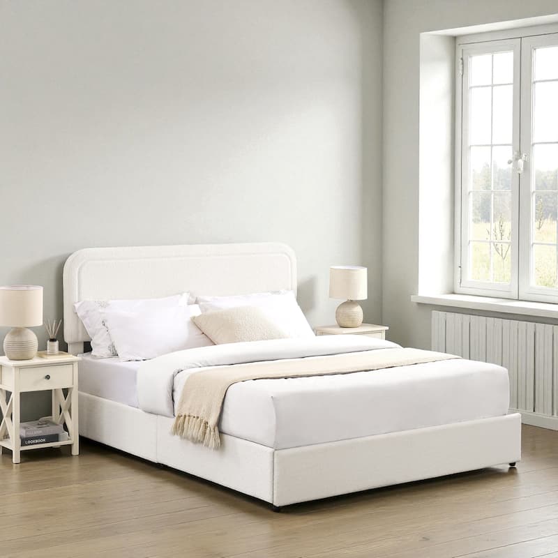 Queen Ivory Boucle Upholstered Platform Bed with 4 Storage Drawers, Curved Tufted Headboard, Wooden Slats, No Box Spring - Lvory - Queen