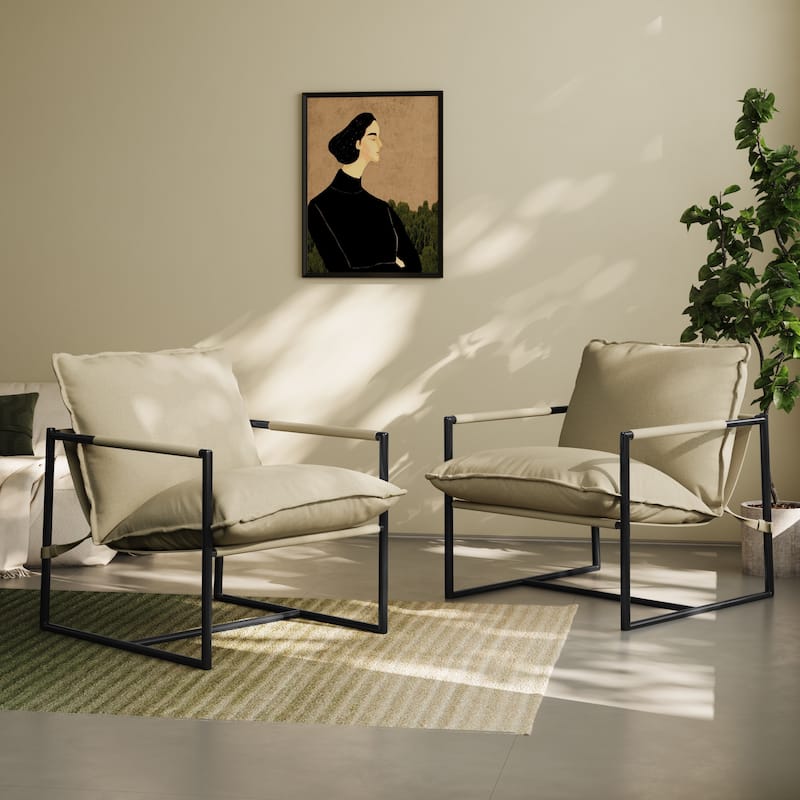 Modern Metal Frame Upholstered Sling Accent Armchair Set of 2