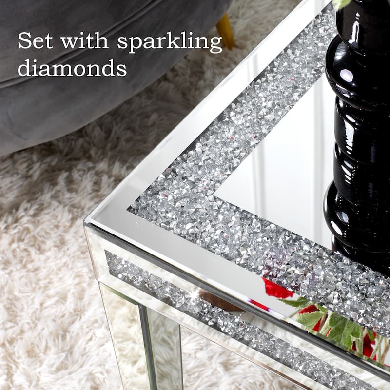 Rectangle Coffee Table with Crystal Inlay Mirrored Silver Center Table