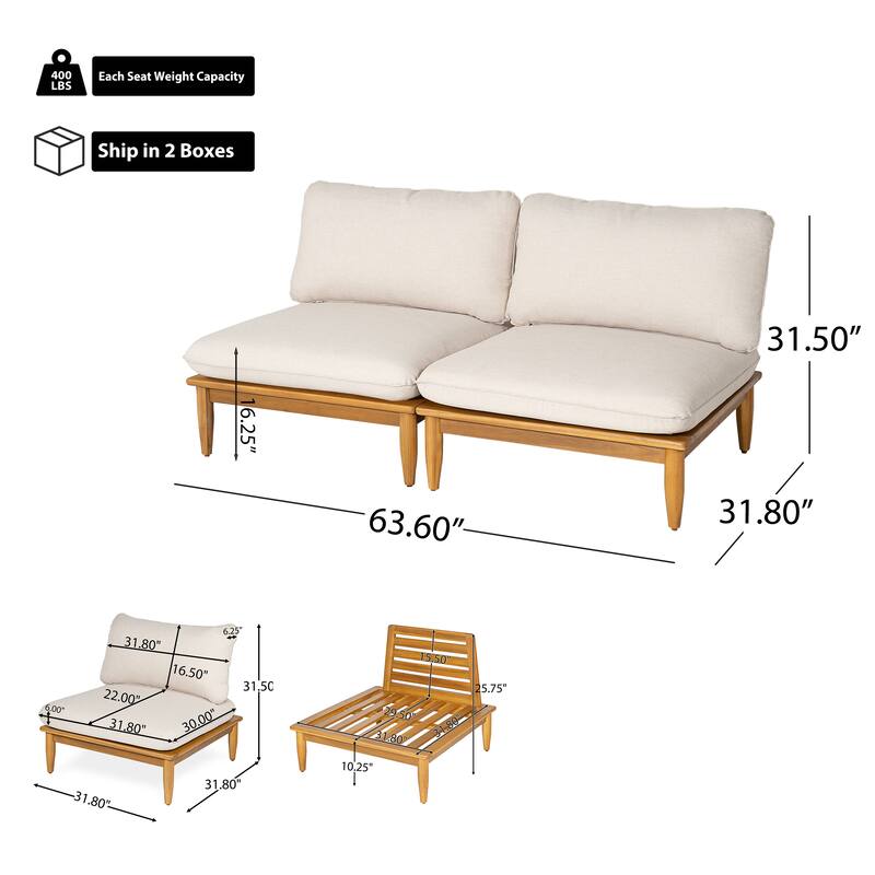 Scott Living Sacova Outdoor Acacia Wood Armless Chair, Teak Finish Frame with Beige Cushion, Set of 2