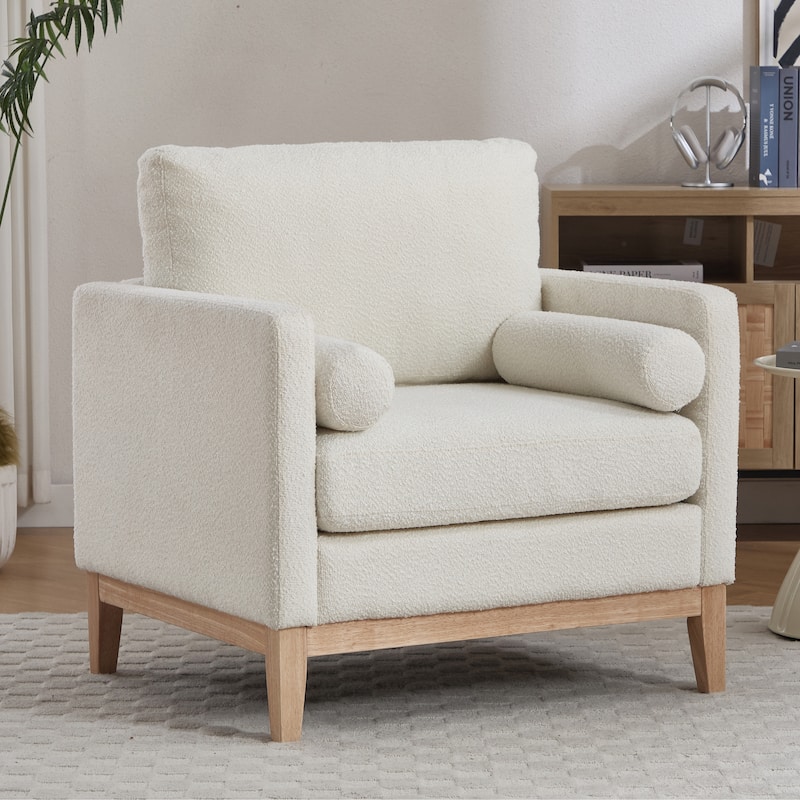 35.4"W Modern Reading Chair,Upholstered Accent Chair with Pillows and Wood Legs - Ivory/Natural Leg