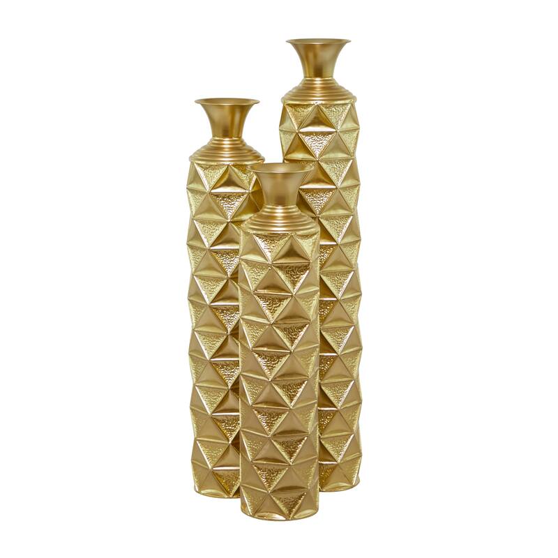 Metal Tall Distressed Metallic Vase with 3D Triangle Patterns - Set of 3 Gold - Roche River Décor. - 6"Wx6"Lx34"H