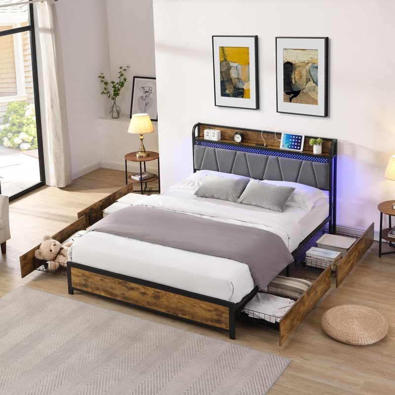 Full Size Platform Bed with Charging Station and 4 Storage Drawers,LED Lights