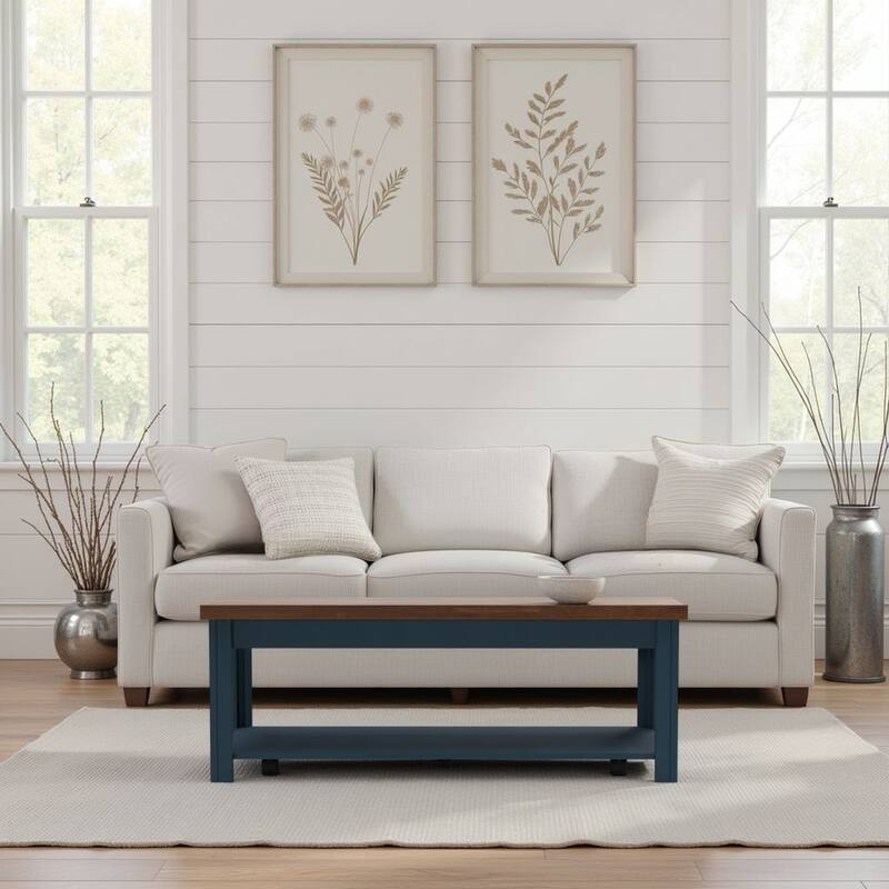 Bridgevine Home Nantucket 48 inch Coffee Table, No Assembly Required, Blue Denim and Whiskey