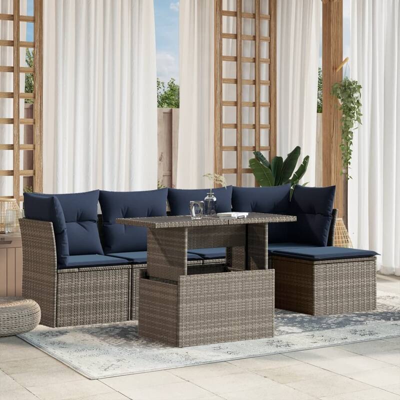 vidaXL Patio Sofa Set with Cushions Modular Outdoor Seating 6 Piece Poly Rattan - Gray without storage