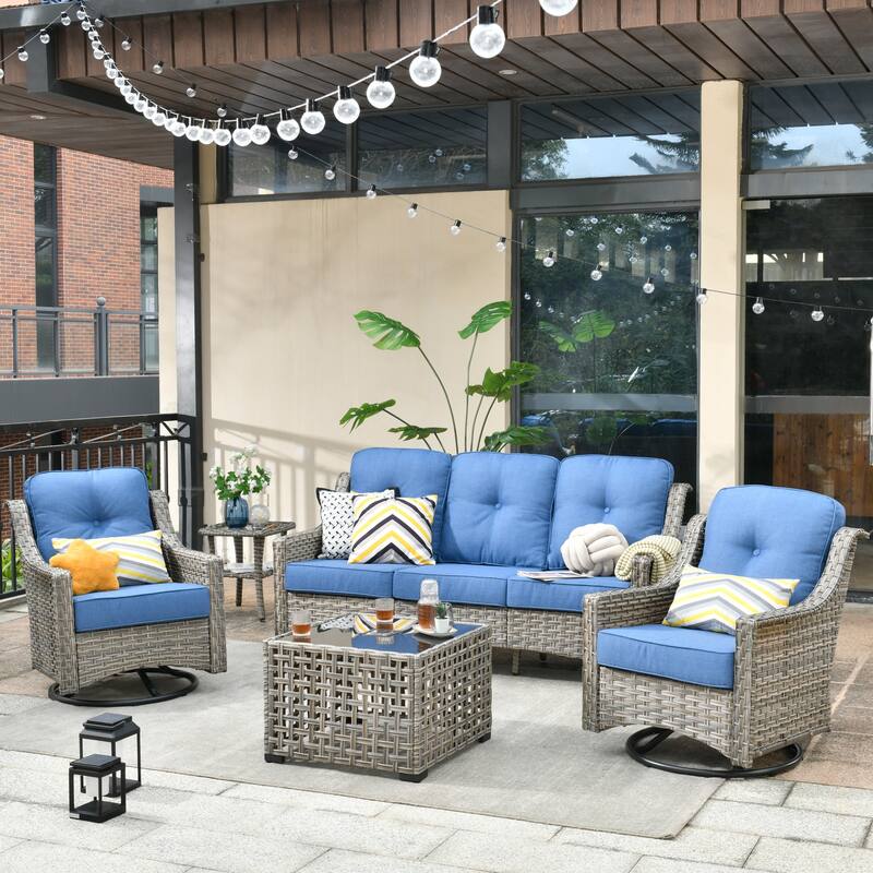 HOOOWOOO 5-piece Rattan Wicker Outdoor Conversation Set with Swivel Chair and Coffee Table - Diamond Blue