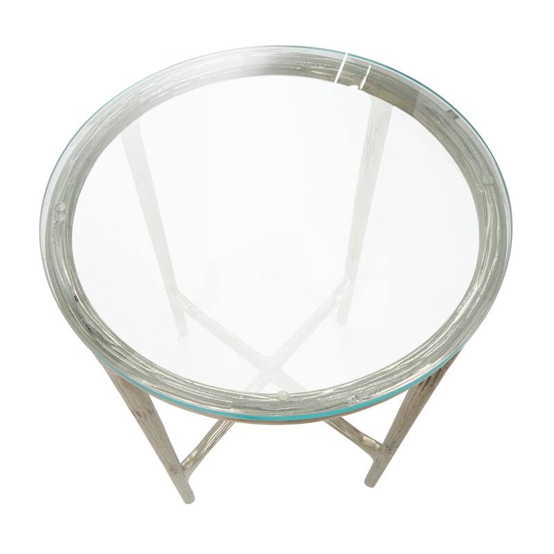 Gold or Silver Aluminum Metal Textured Accent Table with Glass Tabletop