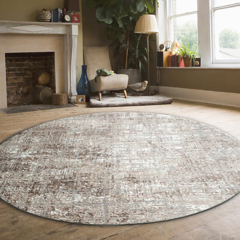 Admire Home Living Lucio 1241 Transitional Striated Area Rug - 7'10" X 7'10" - Beige