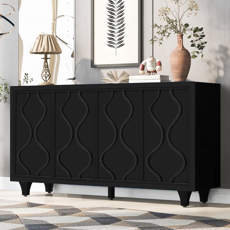 Buffet Cabinet with Storage, Wooden Cabinet with Embossed Curved Doors, Four-Door Storage Cabinet with Adjustable Shelves - Black