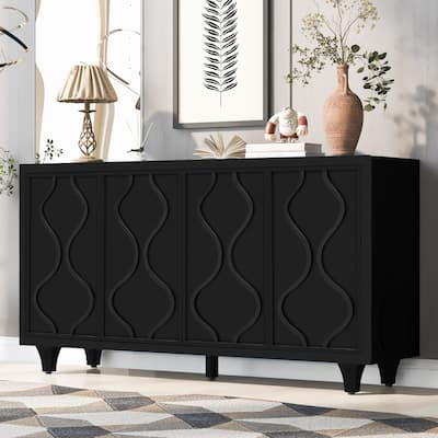 Large Storage Cabinet Black Buffet Sideboard w/ Embossed Curved Doors